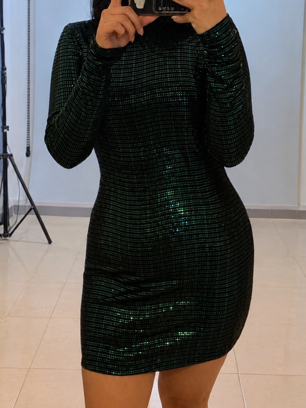 Xtraordinary Emerald Green Long Sleeve Metallic Bodycon Dress